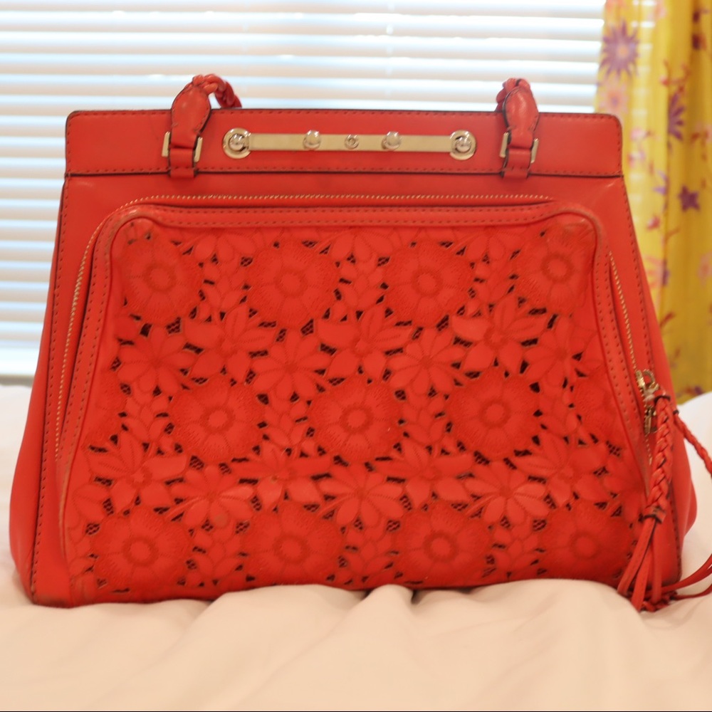 Leather Valentino Bag - Hand cut Flower Design & Braided Shoulder Strap